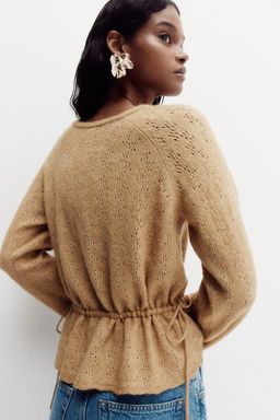 H&M - Women Beige Pointelle-Knit Peplum Top