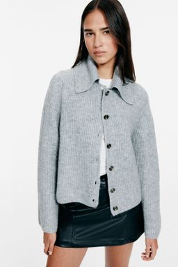 H&M - Women Grey Rib-Knit Collared Cardigan