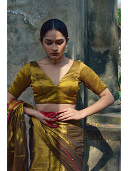 Huts and Looms - Golden Coloured Plunging Neck Tissue Stitched Blouse