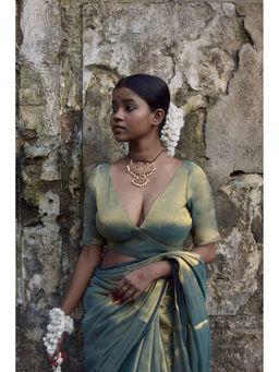 Huts and Looms - Sea Green and Golden Dual Tone Plunging Neck Tissue Stitched Blouse