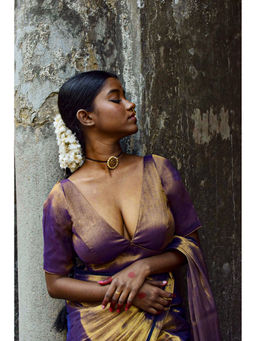 Huts and Looms - Purple and Golden Dual Tone Plunging Neck Tissue Stitched Blouse