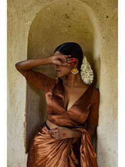 Huts and Looms - Copper Coloured Plunging Neck Tissue Stitched Blouse