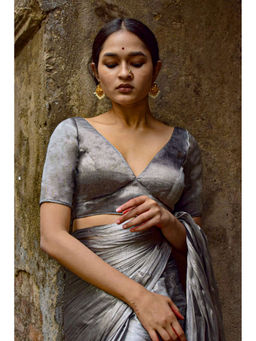 Huts and Looms - Silver Coloured Plunging Neck Tissue Stitched Blouse