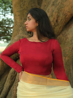 Huts and Looms - Maroon Coloured Round Neck Full Sleeves Stitched Blouse