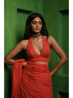 Huts and Looms - Red Coloured Halter Neck Mul Modal Stitched Blouse