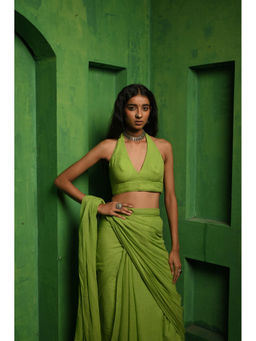 Huts and Looms - Green Mul Modal Halter Neck Stitched Blouse