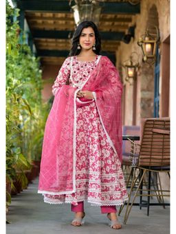 Aavanya - Women Pink Cotton Floral Anarkali Kurta with Pant and Dupatta