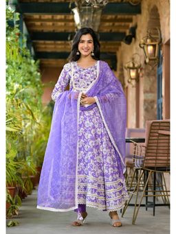 Aavanya - Women Purple Cotton Floral Anarkali Kurta with Pant and Dupatta