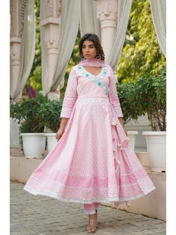 Aavanya - Women Pink Cotton Embroidered Anarkali Kurta with Pant and Dupatta