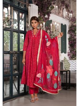 Aavanya - Women Maroon Cotton Embroidered Anarkali Kurta with Pant and Dupatta