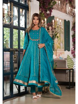 Aavanya - Women Blue Cotton Embellished Anarkali Kurta with Pant and Dupatta
