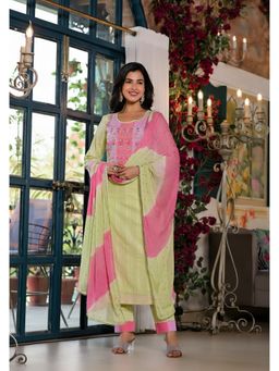 Aavanya - Women Green Cotton Embroidered Anarkali Kurta with Pant and Dupatta