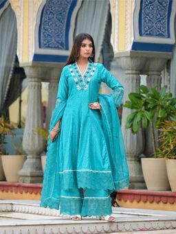 Aavanya - Women Blue Cotton Embroidered Anarkali Kurta with Pant and Dupatta