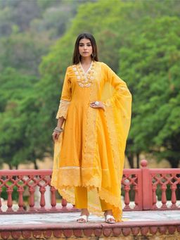 Aavanya - Women Yellow Cotton Embroidered Anarkali Kurta with Pant and Dupatta