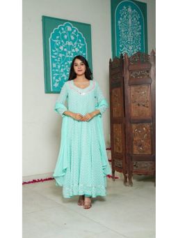Aavanya - Women Turquoise Georgette Self Design Anarkali Kurta with Pant and Dupatta