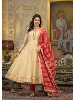 Aavanya - Women Beige Chanderi Self Design Anarkali Kurta with Pant and Dupatta