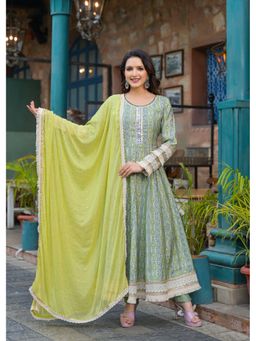 Aavanya - Women Green Cotton Geometric Anarkali Kurta with Pant and Dupatta