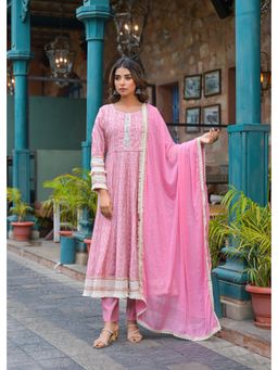 Aavanya - Women Pink Cotton Geometric Anarkali Kurta with Pant and Dupatta