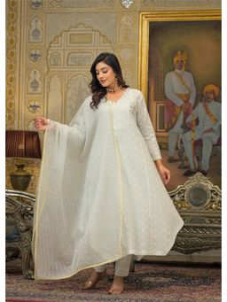 Aavanya - Women Off White Chanderi Self Design Anarkali Kurta with Pant and Dupatta