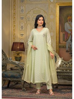 Aavanya - Women Green Chanderi Self Design Anarkali Kurta with Pant and Dupatta