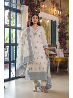 Aavanya - Women White Cotton Embellished Kurta with Pant and Dupatta