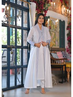 Aavanya - Women Blue Cotton Embroidered Kurta with Pant and Jacket