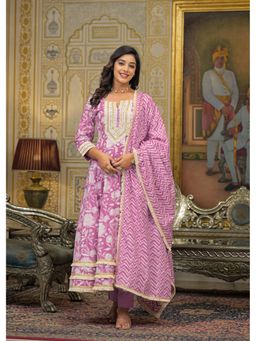 Aavanya - Women Purple Cotton Floral Anarkali Kurta with Pant and Dupatta