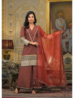 Aavanya - Women Maroon Cotton Floral Kurta with Palazzo and Dupatta