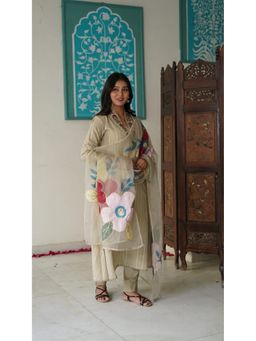Aavanya - Women Beige Cotton Embroidered Kurta with Pant and Dupatta