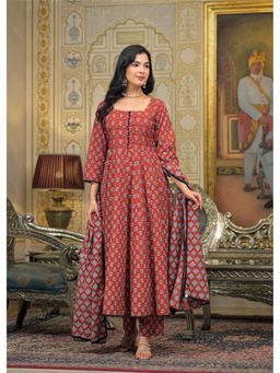 Aavanya - Women Maroon Cotton Floral Anarkali Kurta with Pant and Dupatta