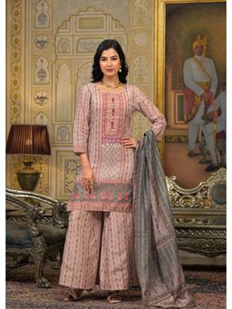 Aavanya - Women Beige Chanderi Embroidered Kurta with Palazzo and Dupatta