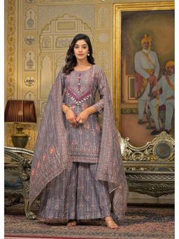 Aavanya - Women Grey Chanderi Embroidered Kurta with Palazzo and Dupatta