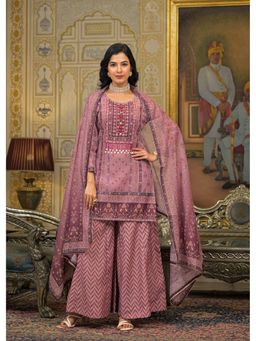 Aavanya - Women Pink Chanderi Embroidered Kurta with Palazzo and Dupatta