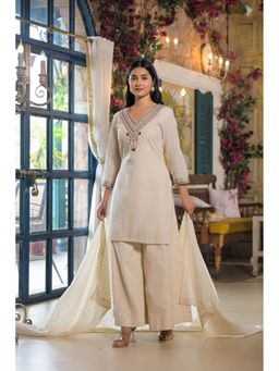Aavanya - Women Off White Cotton Embroidered Kurti with Palazzo and Dupatta