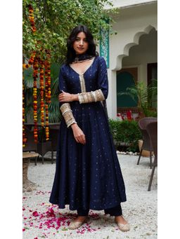 Aavanya - Women Blue Chanderi Embroidered Anarkali Kurta with Pant and Dupatta