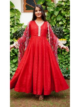 Aavanya - Women Red Chanderi Embroidered Anarkali Kurta with Pant and Dupatta