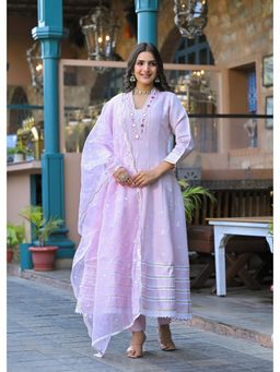 Aavanya - Women Pink Chanderi Embroidered Anarkali Kurta with Pant and Dupatta