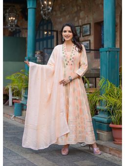 Aavanya - Women Peach Cotton Embroidered Anarkali Kurta with Pant and Dupatta