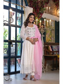 Aavanya - Women Pink Cotton Embroidered Anarkali Kurta with Pant and Dupatta