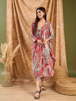 InWeave - Women Red Cotton Paisley Kurta with Palazzo