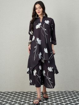 InWeave - Women Black Linen Floral Kurta with Palazzo