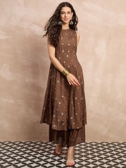 InWeave - Women Brown Cotton Silk Floral Kurta with Palazzo
