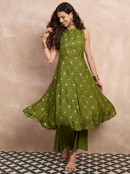 InWeave - Women Green Cotton Silk Floral Kurta with Palazzo