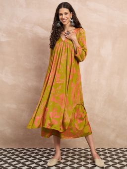 InWeave - Women Olive Muslin Floral Kurta with Palazzo