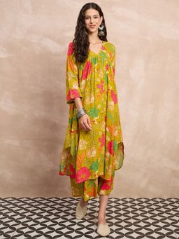 InWeave - Women Yellow Rayon Floral Kurta with Palazzo