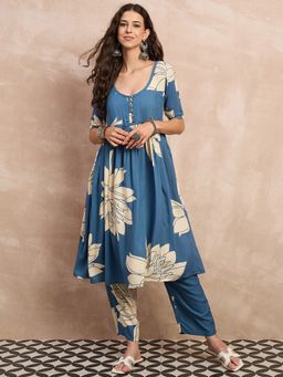 InWeave - Women Blue Rayon Floral Kurta with Pant