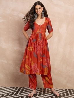 InWeave - Women Rust Muslin Floral Kurta with Pant
