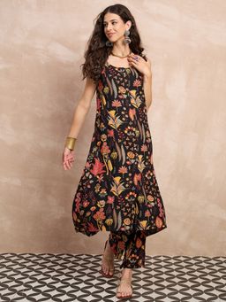 InWeave - Women Black Rayon Floral Kurta with Pant