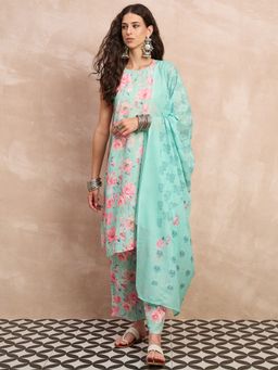InWeave - Women Green Rayon Floral Kurta with Pant and Dupatta