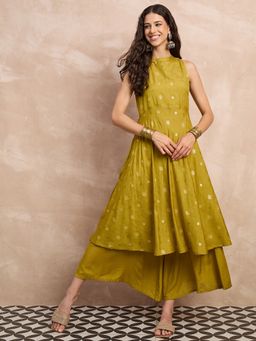 InWeave - Women Olive Cotton Silk Woven Kurta with Palazzo